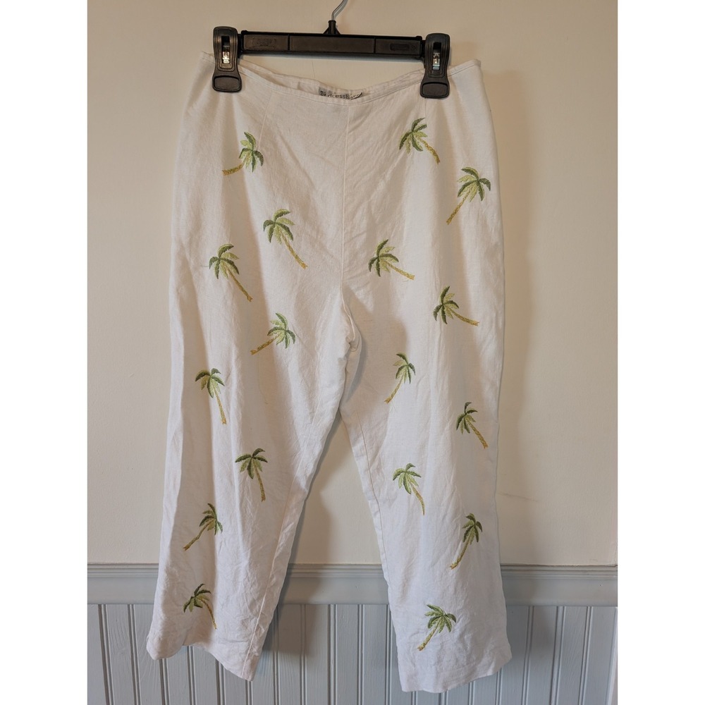 Women Linen Blend Cropped Palm Tree Pants Size 10 White Resort Beach Embroidered